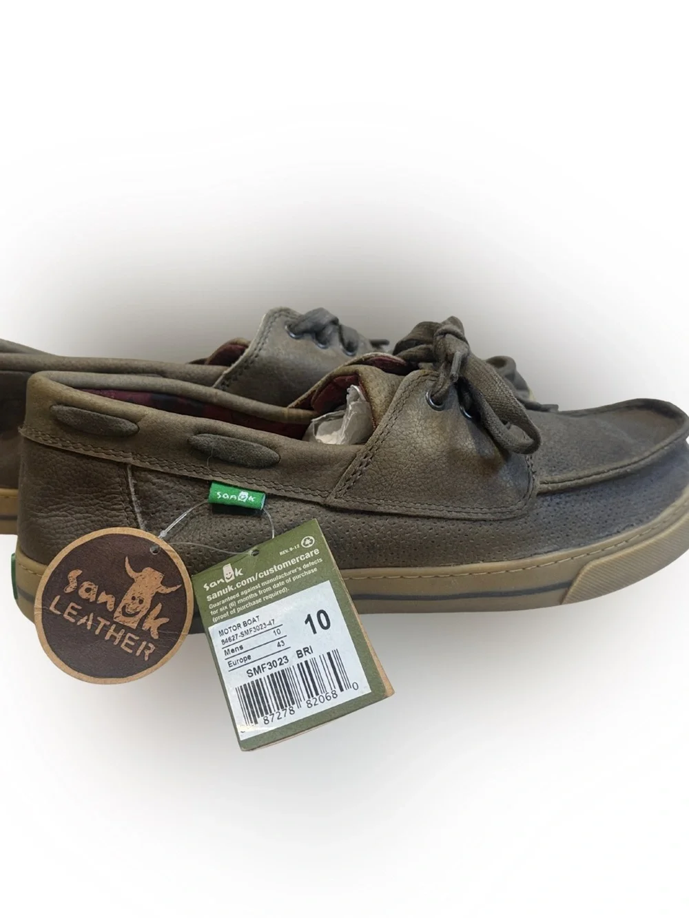 Sanuk Men’s Olive Brown Leather Boat Shoes Sz 10